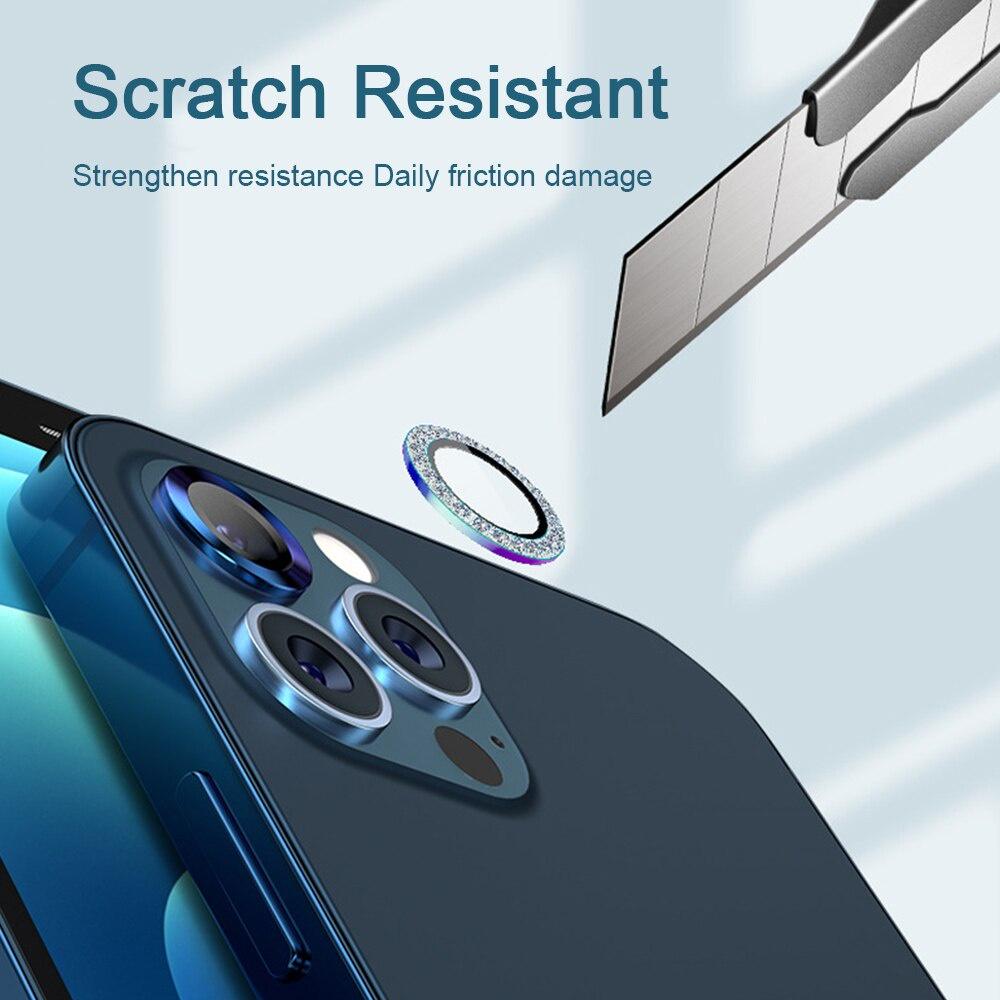 Für iPhone 11 12 13 14 15 16 Pro Max Bling Diamond Metall Kameraobjektivring Schutzkappe mit gehärtetem Glas