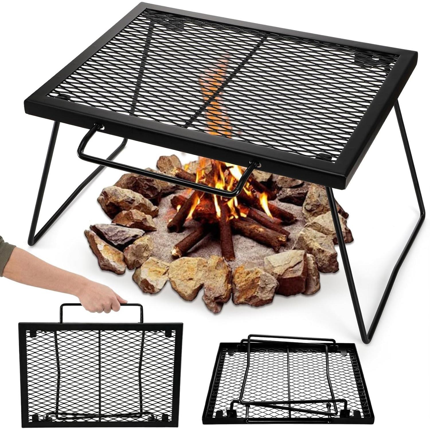 Folding Campfire Grill Grate with Carrying Handle, Portable Camping Grill Over Fire Mesh Grate, Heavy Duty Steel Grate for Outdoor Cooking, Picnic чёрный