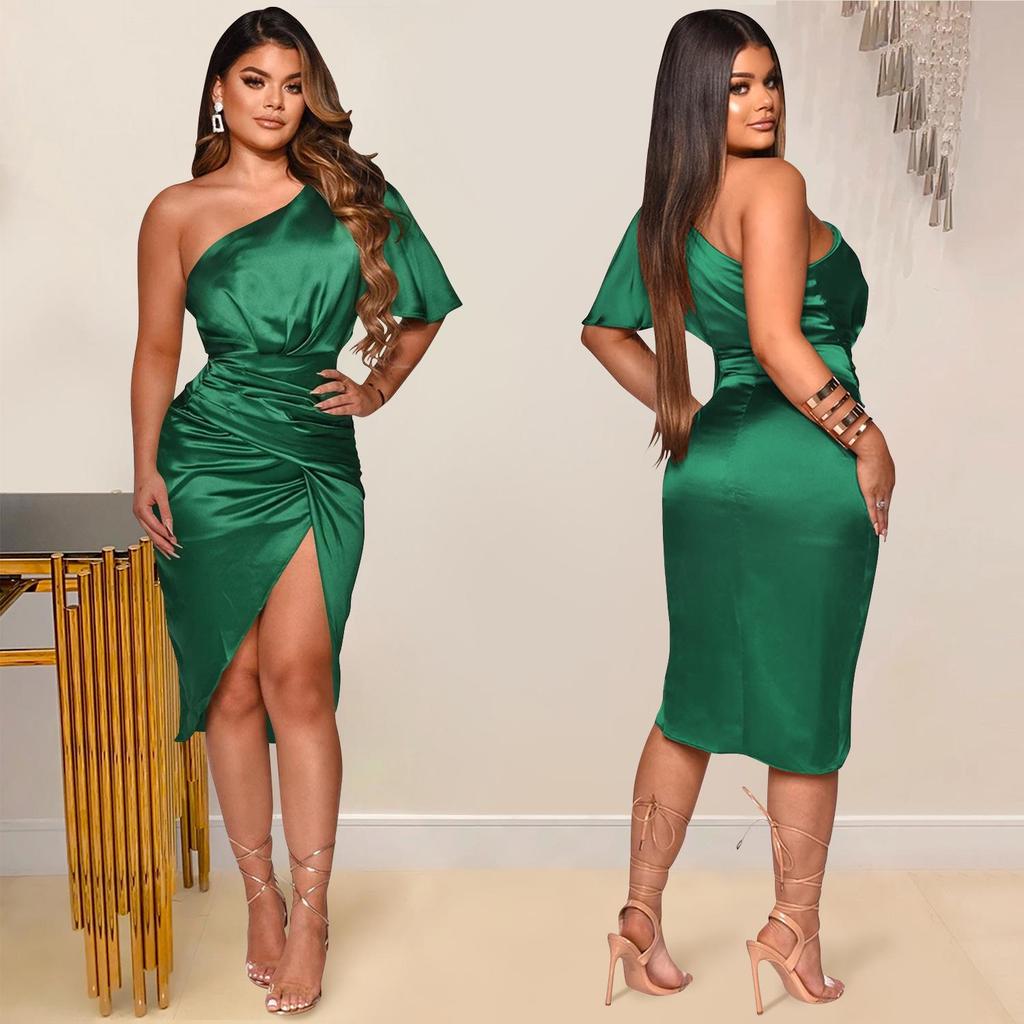 One-Shoulder Slit Midi Dress - Women's Fashion Solid Color, Europe & America Style