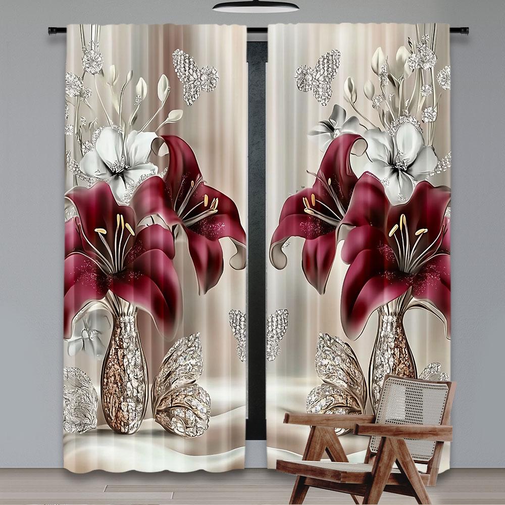 Elegant Stylish White Red Floral Printed Curtains Suitable Bedroom Kitchen Dining Room Living Study Set Of 2 Made Polyester Sitting Decor