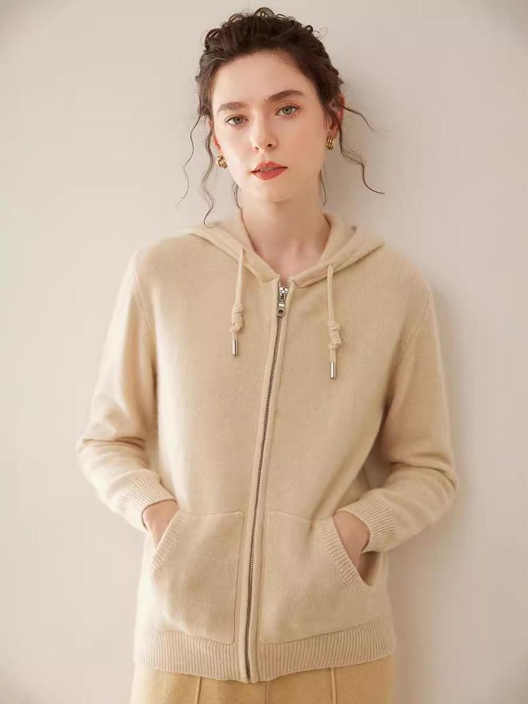 2024 A/W Women's Pure Cashmere Hooded Double Zipper Cardigan - Solid Color, Stylish & Warm.
