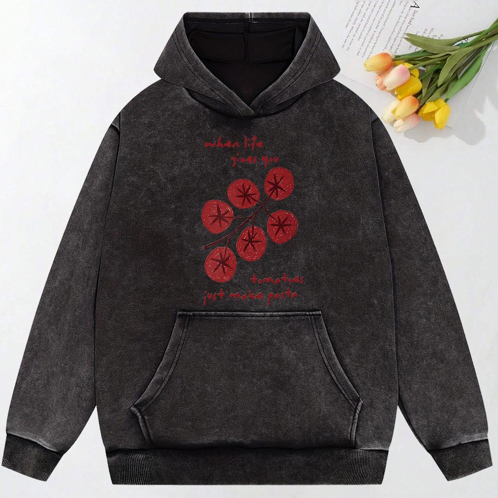 Cartoon Tomatoes Creative Print Female Washed Clothes Cotton Hoodies Pocket Loose Sweatshirt Casual Multicolor Hoody