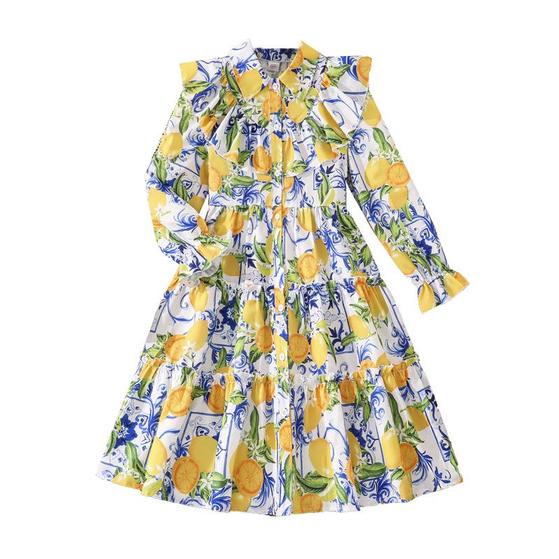 Girls' Dress Children's Clothing Autumn Winter New Style Floral Print Long-sleeved Girl 8-12Y Princess Dress