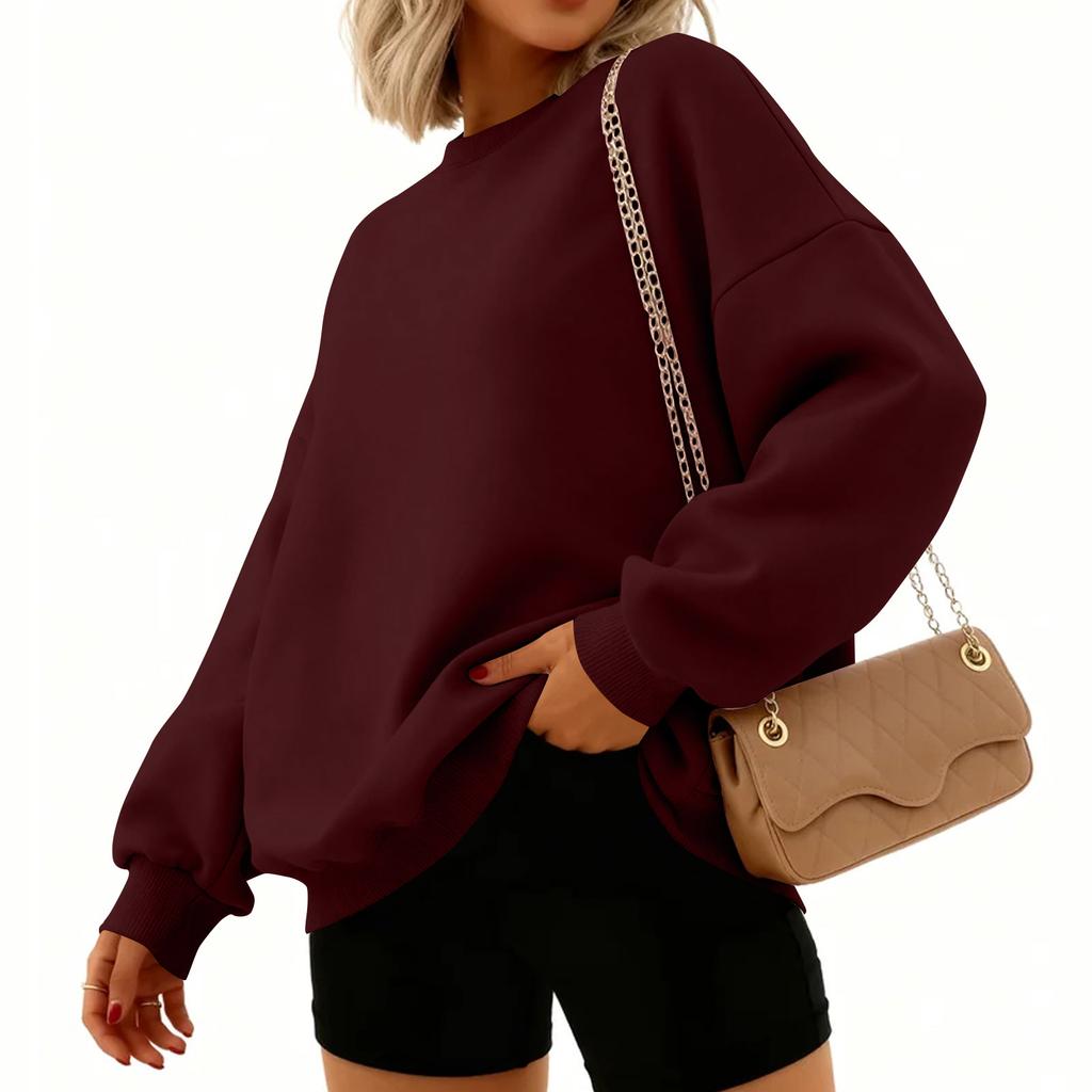 Women's Fashion Long Sleeve Solid Color Round Neck Loose Pullover Sweater Top