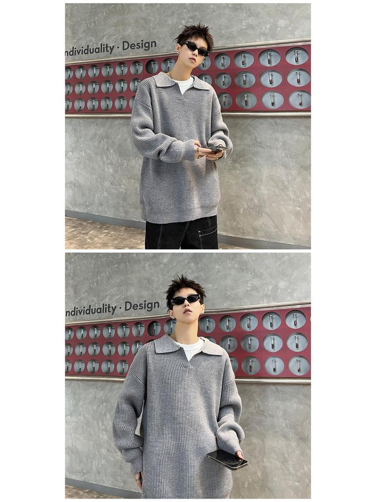 Men's Winter American Style Black Knit Polo Sweater