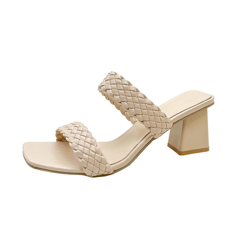 New Summer Woven Outer Wear Versatile Roman Slippers Outer Wear Thick Heel Open Toe Word with Fashion Cool Slippers