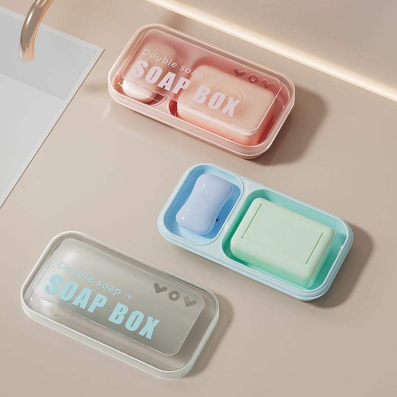 Double Compartment Soap Dish Storage Box With Drain Holes And Lid For Bathroom Travel Dorm Hygienic Storage Organizers