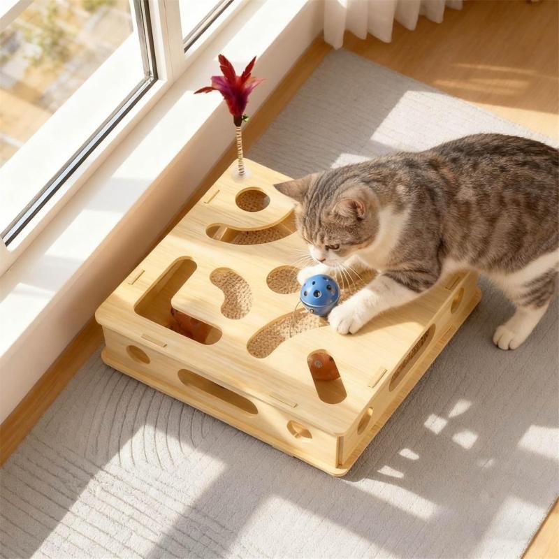 Stable Interactively Wooden Cats Scratching Toy Puzzle Mazes and Bells Ball for Engaging Playing and Natural Claws Care