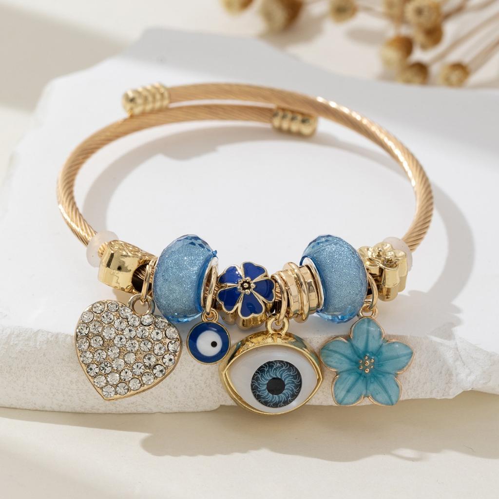 DIY Beaded Bracelet Blue Evil Eye Charm Rhinestone Heart Flower Fashion Jewelry Accessory for Women Girls