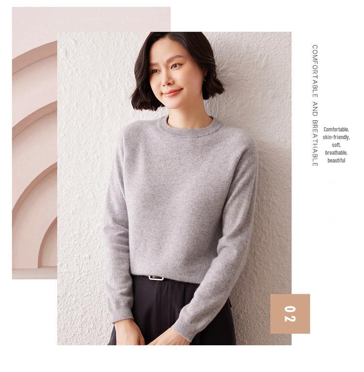 Women's Cashmere Sweater, Autumn/Winter 2026, Round Neck, Raglan Sleeve, Gentle, Loose Slimming Fit, Solid Color.