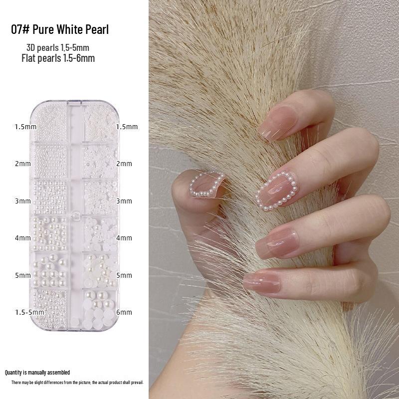 12-Grid Nail Art Pearls: Off-White Mixed Sizes, No Holes, Semi-Circular Boxed Decorations