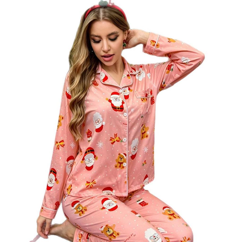 European & American Women's Christmas Lapel Pajama Set - Casual Style, Long Sleeve & Pants