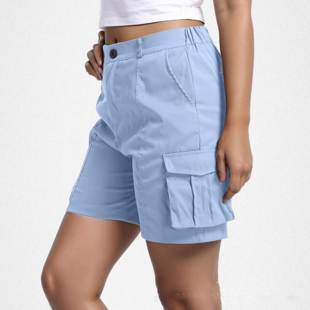 Women Casual Solid Elastic Waist Cargo Shorts with Pockets Relaxed Fit Utility Design for Everyday Wear Outdoor Activities