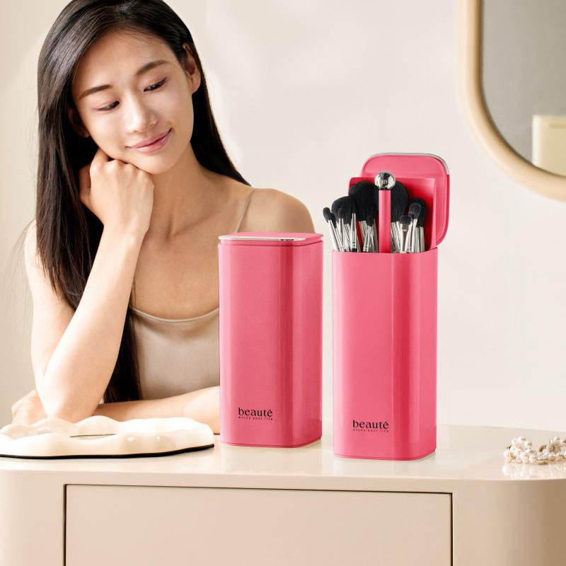 Makeup Brush Holder Organizer, One Touch For Open, Dustproof Make Up Organizer With Lid For Vanity Bathroom Countertop