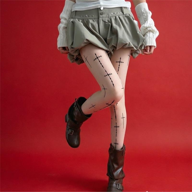 Printed cross stockings, thin anti-snatch pantyhose, sweet hottie black stockings, personalized punk style bottoming stockings for women