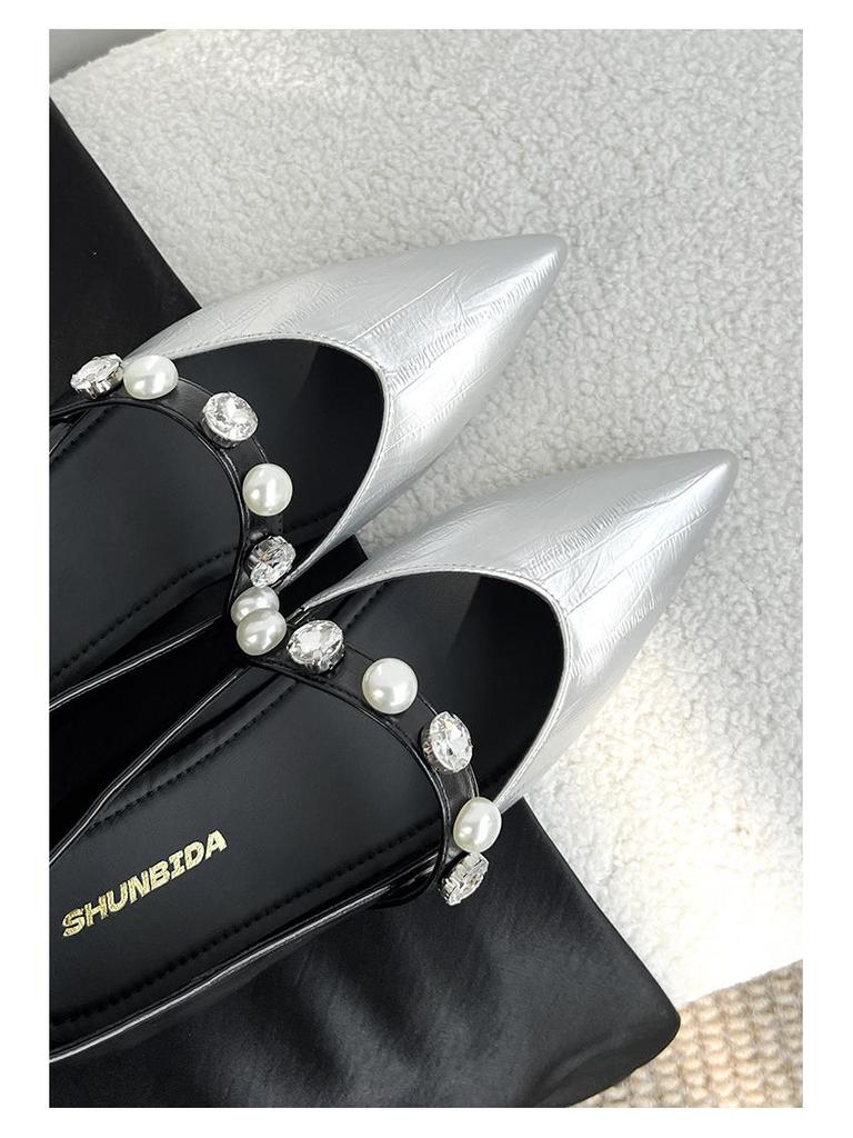 Spring & Autumn Beaded Strap Pointed Toe Mary Jane Shoes for Women