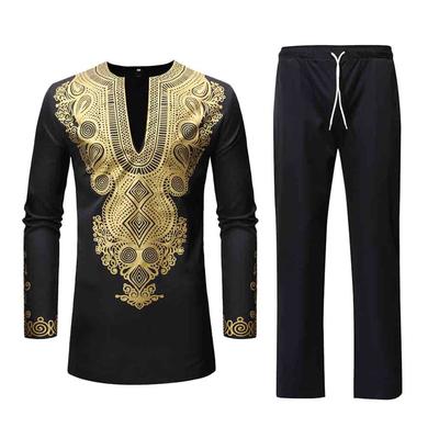 Herren Winter Luxus Print Langarm Dashiki Hemd Anzug
