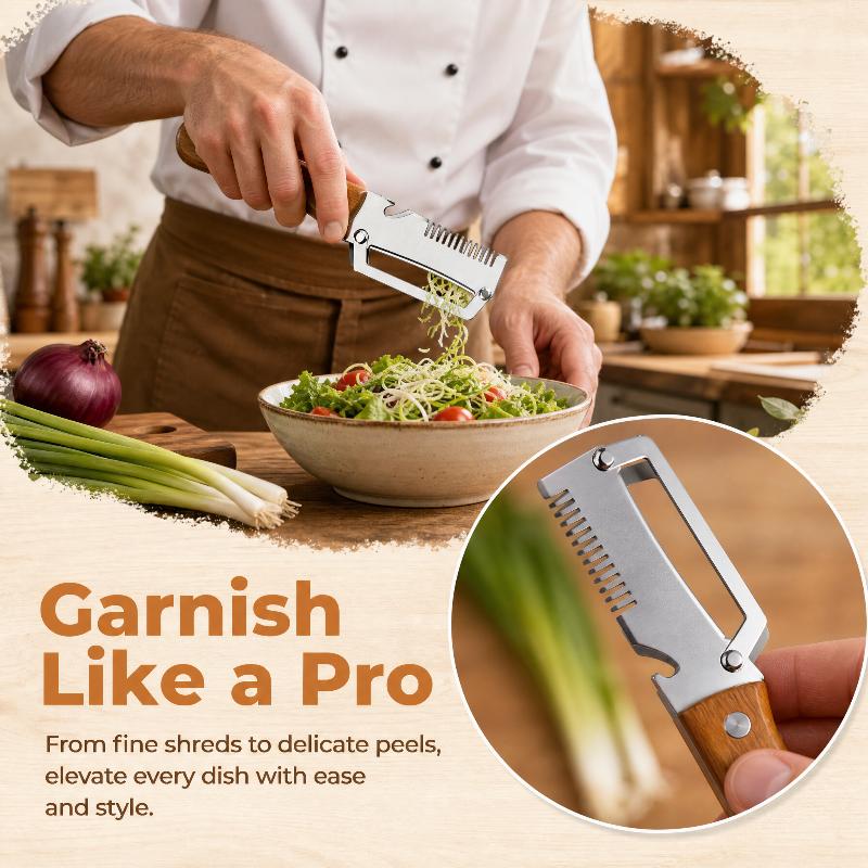 Multi-Functional 3-In-1 Stainless Steel Serrated Vegetable Peeler With Wooden Handle Slicer Bottle Opener Kitchen Tool