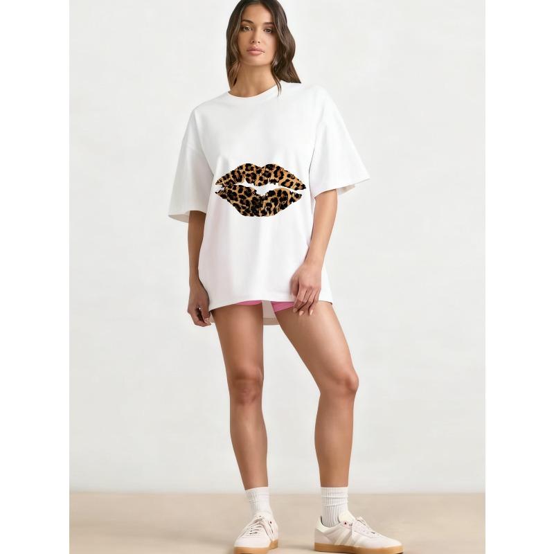 Oversized T Shirt Black Leopard Print Lips Design Casual Wear for Women Summer Fashion Statement Top