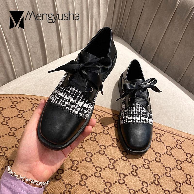 Riband Lace up oxford shoes women plaid fabric flats square toe loafers autumn/winter student small leather shoes woman big size