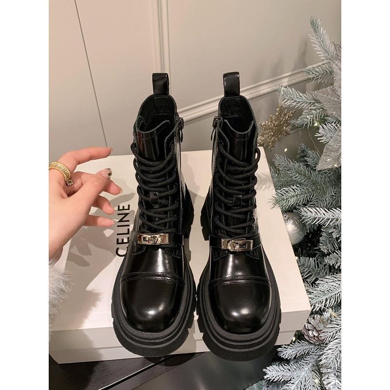 Plateau-Martin-Stiefel für Damen 2025 neu Frühling, Herbst und Sommer vielseitige schwarze Motorradstiefel Britische süße und coole Stiefeletten