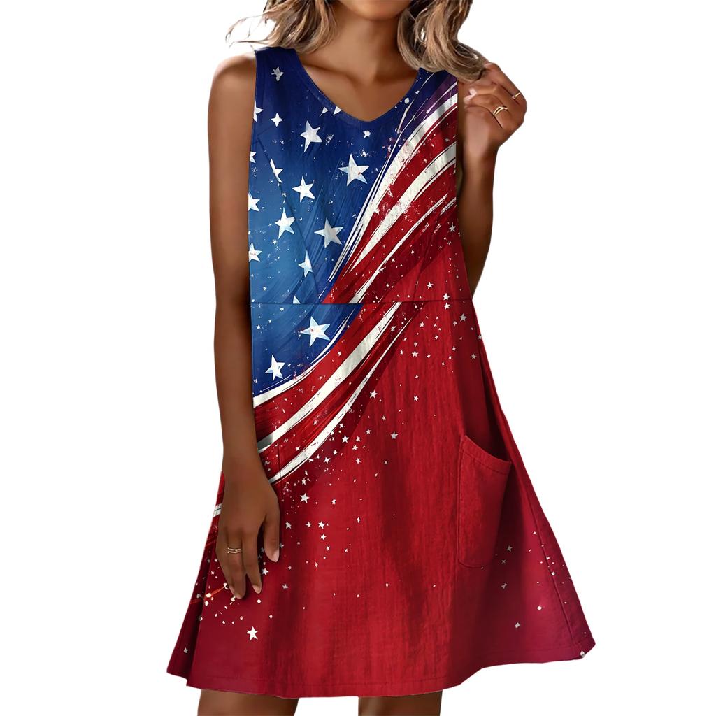 Sommerkleider für Damen Locker Strandurlaub Lässig Ärmellos V-Ausschnitt Sonnnenkleider Mit Taschen Trägerkleid