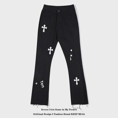 Men's Black and White Cross Raw Edge Flared Jeans - European & American High Street Style