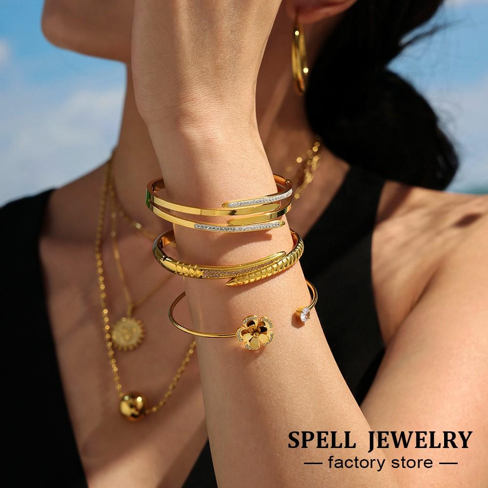 Openable Forked Bracelet Bangle In Stainless Steel 18k Gold Plated With Shiny Rhinestone Minimalist Bracelets Bangles For Women