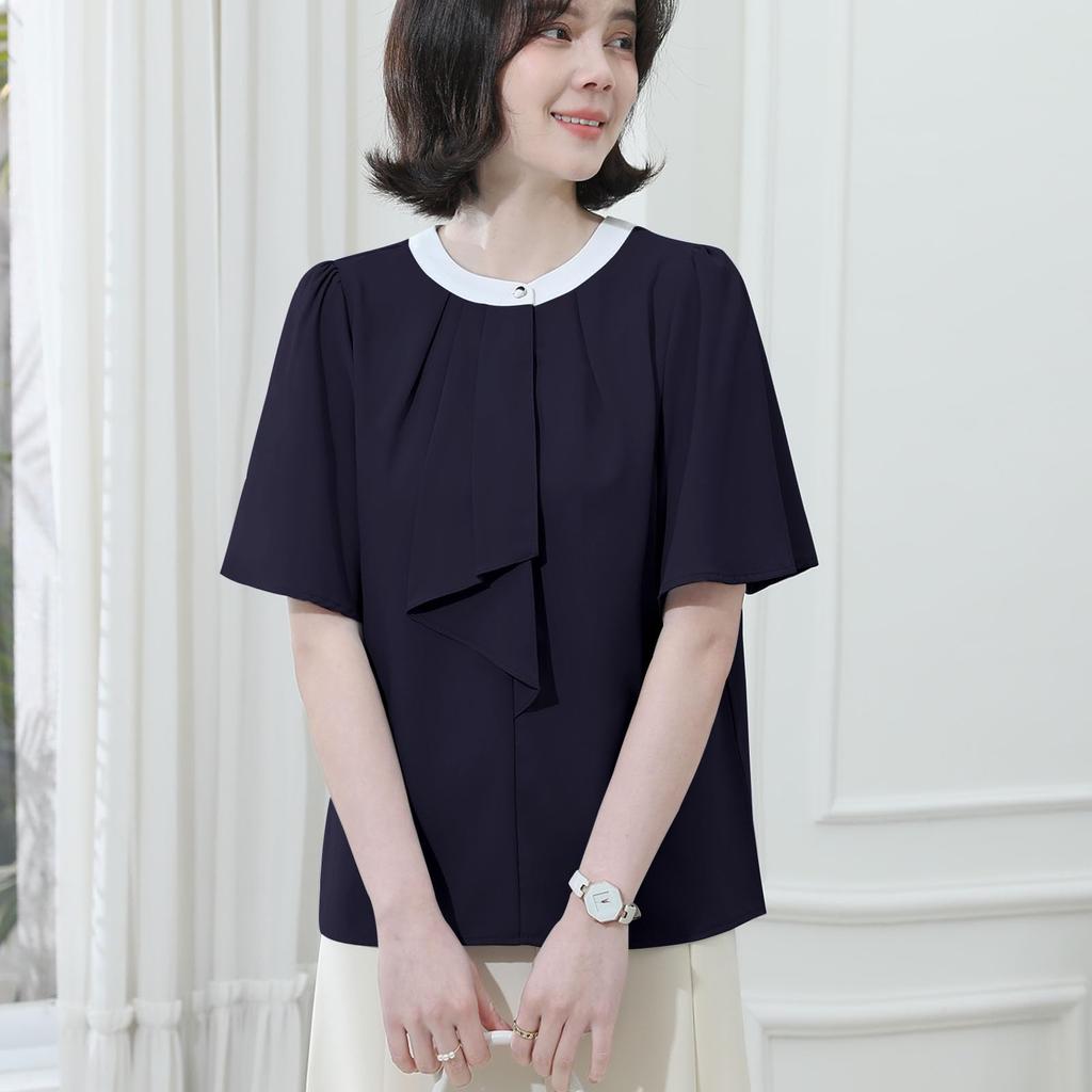 Sueeya Bowtie Short OL [Sueeya] Blouse, Style, Women's Shirt, Bicolor, Sleeve, Top, Slimming, Women, Stylish, Elegant, Cute, Casual, Business, Office,