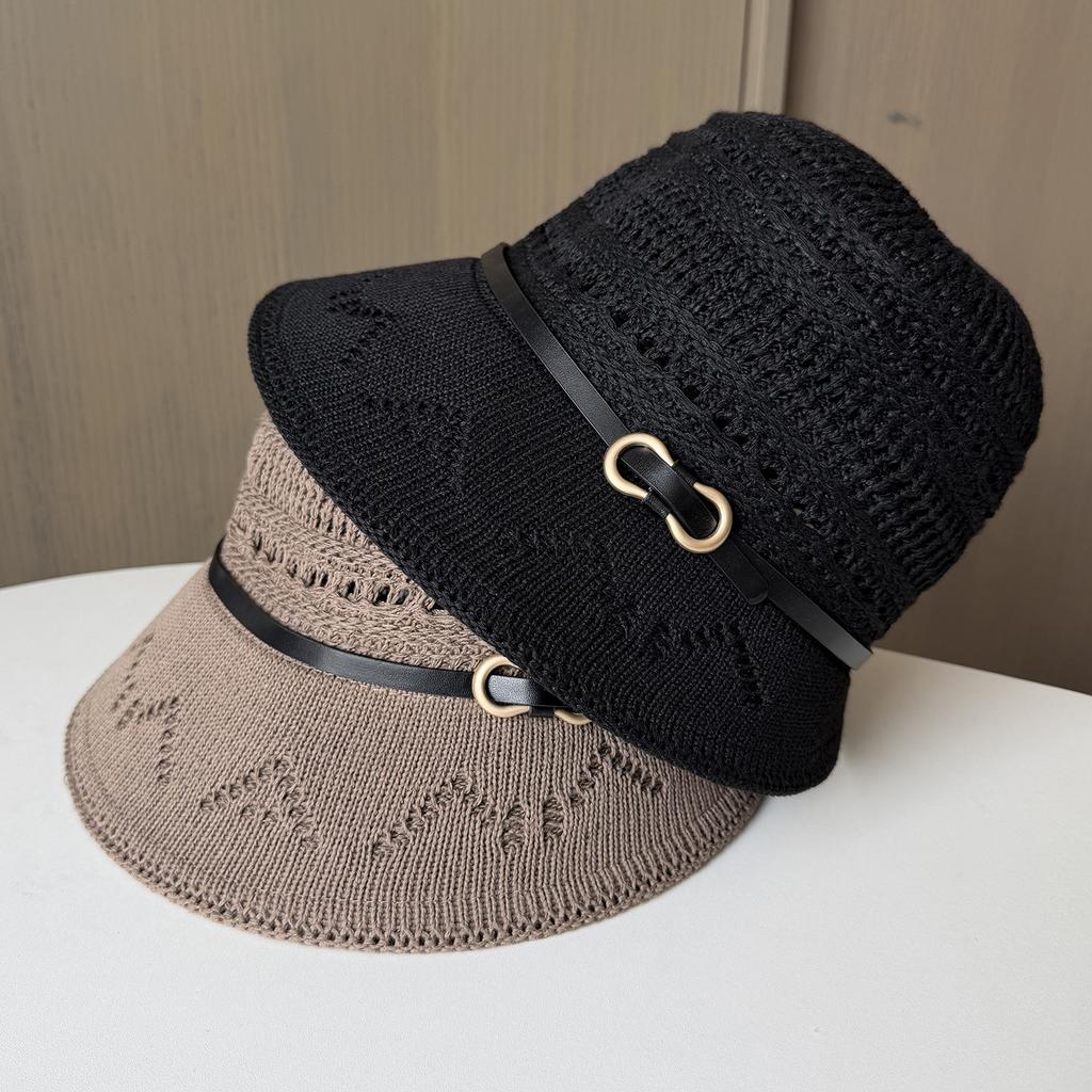 New belt buckle knitted fisherman hat women spring and summer hollow breathable leisure basin hat travel sun protection visor