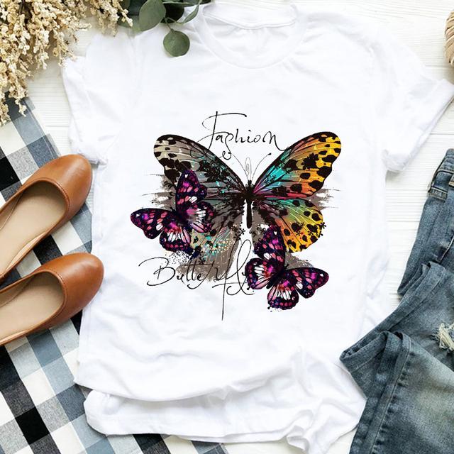 Women Lady Flower Butterfly Cartoon Printing 90s Fashion Print Shirt Clothes T Tee Womens Tshirt For Female Top Graphic T -Shirt