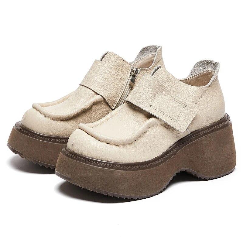 2024 Spring New Heightening Loafers Genuine Leather Hook & Loop Pumps Fashion Versatile Women's Platform Shoes