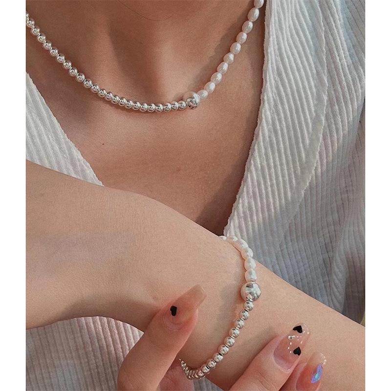 Yinruitai S925 Sterling Silver Freshwater Pearl Necklace & AB Chain Bracelet for Women