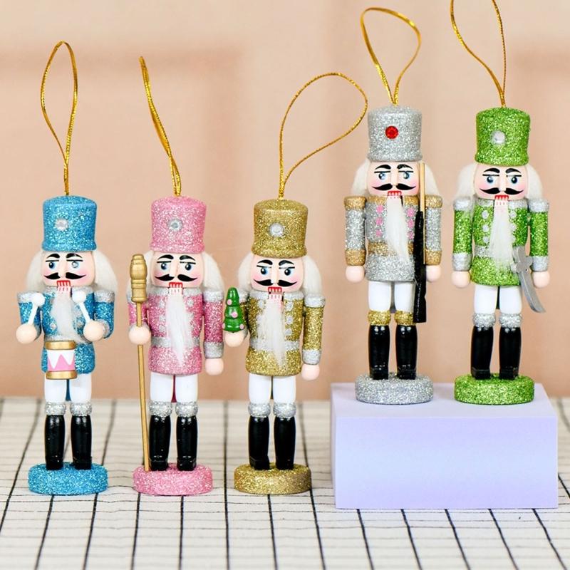 5Pcs Colorful Glitter Nutcrackers Figurine Wooden King and Soldier Festives Decors Hanging Ornaments For Holiday Parties