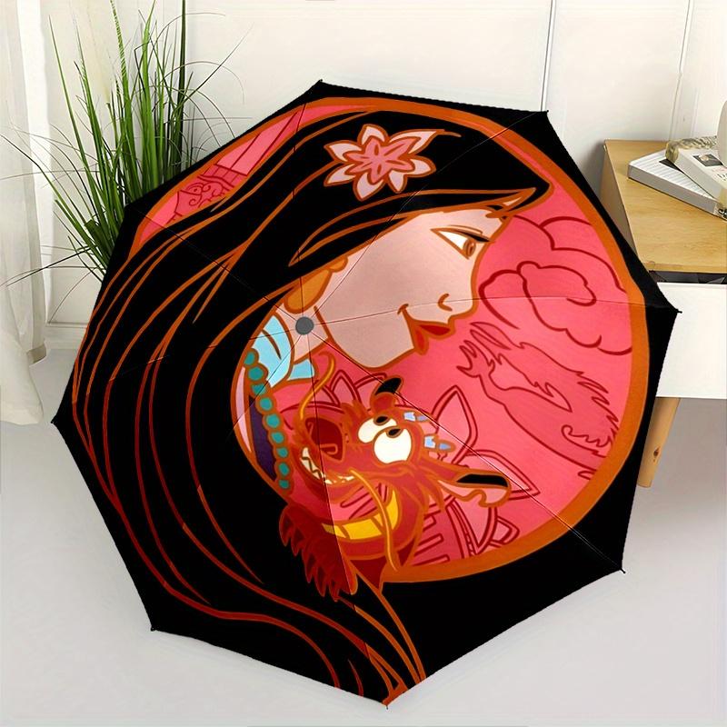 1pc Mulan Automatic 3-Fold Umbrella Design, Cute Cartoon Pattern, Portable Outdoor Umbrella, Perfect, Holiday Gift for fans.I067