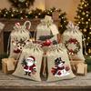 5/12Pcs Linen Style Christmas Drawstring Gift Bags Santa Claus Snowman Deer Print Snowman Reindeer Sack Vintage Red Truck