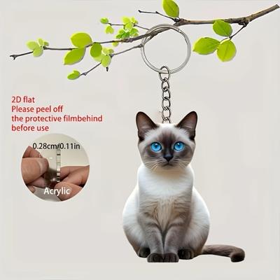 2D Lovely Siamese Cat Keychain with Chain, Car Key & Bag Hanging Ornament, Perfect Christmas Gift for Cat Lovers & Women