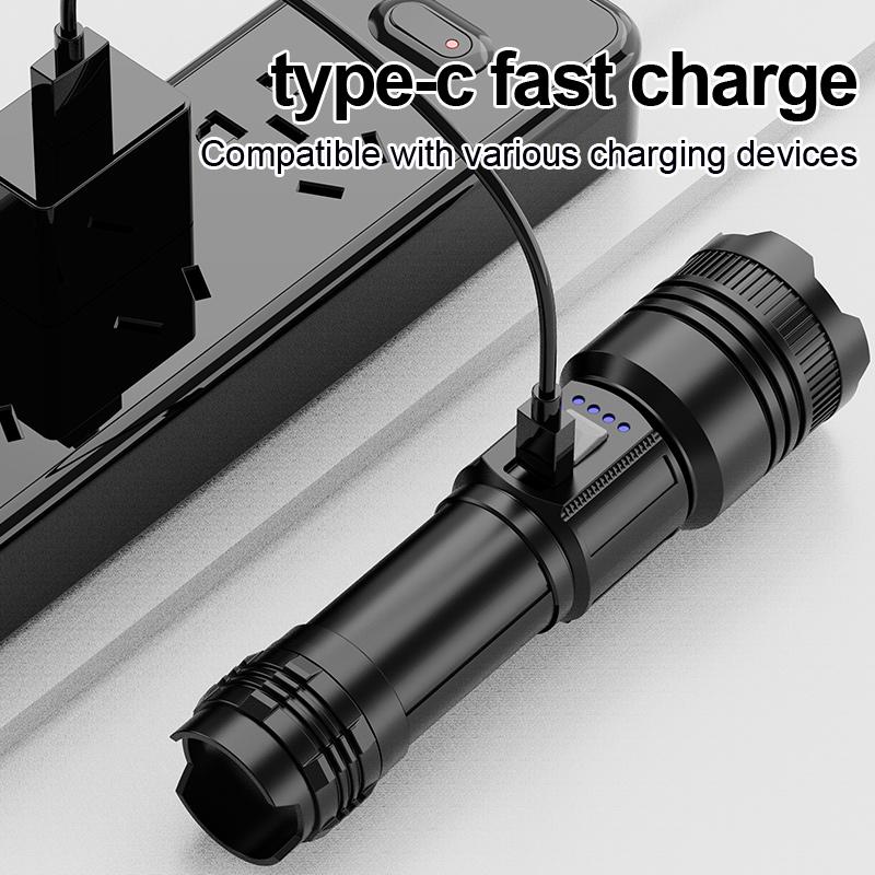 Strong and ultra bright long-range flashlight with adjustable zoom and multiple levels of focus, floodlight, and long-range lase