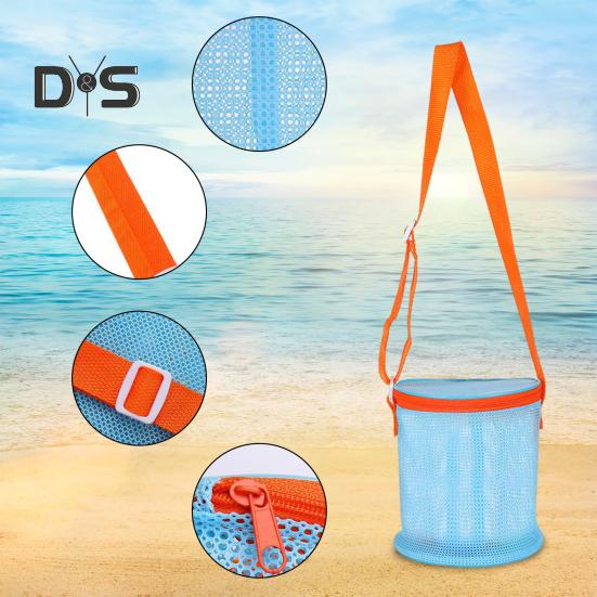 Netz-Strandtasche mit Schultergurt, großes Fassungsvermögen, Reißverschluss, Mehrzweck-Muschelhalter, Aufbewahrungseimer für Reisesandspielzeug