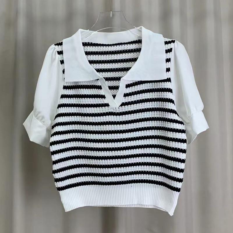 

Модний смугастий трикотажний светр з коротким рукавом, жіноча футболка, маленькі топи, короткий абзац, кардиган в іноземному стилі, маленька сорочка, жіночий літній One Size