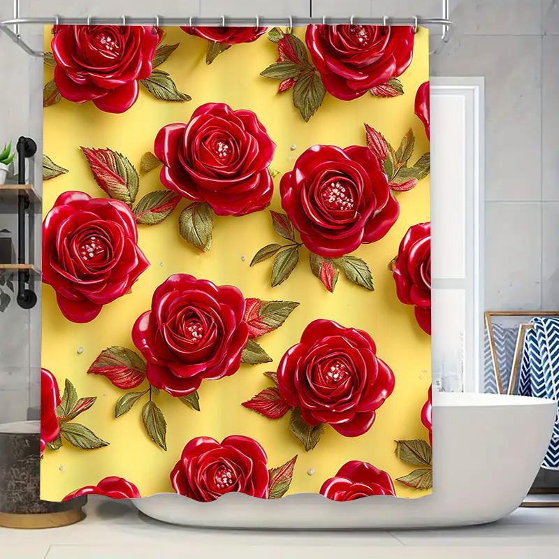

Luxury Red Rose Shower Curtain Floral Printed Fabric Bathing Room Decor Polyester Waterproof Wall Hanging Perfect Wedding Gift D W60H190(CM)-1 Pcs