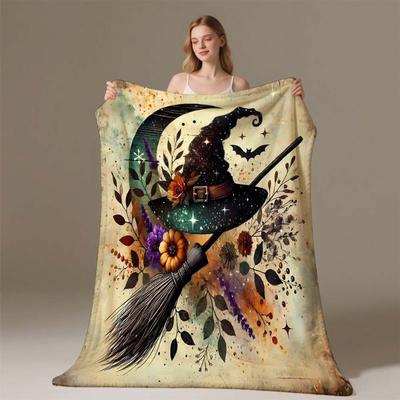 1pc Witch Hat & Broom Floral Flannel Blanket - Magical Witch Design with Autumn Colors Orange Purple Black Beige Green Brown