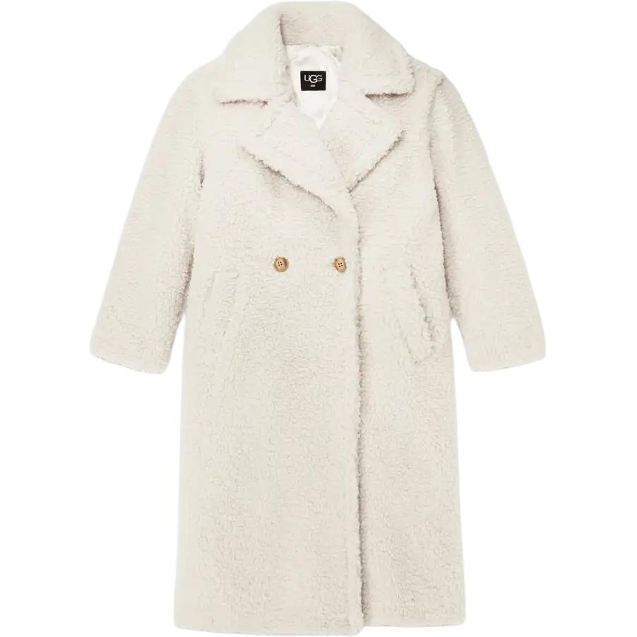 UGG Gertrude Long Teddy Coat Solid Color Lapel Double-Breasted Fitted Long Sleeve Mid-Length Coat Women Coats White 1120631-WHITE
