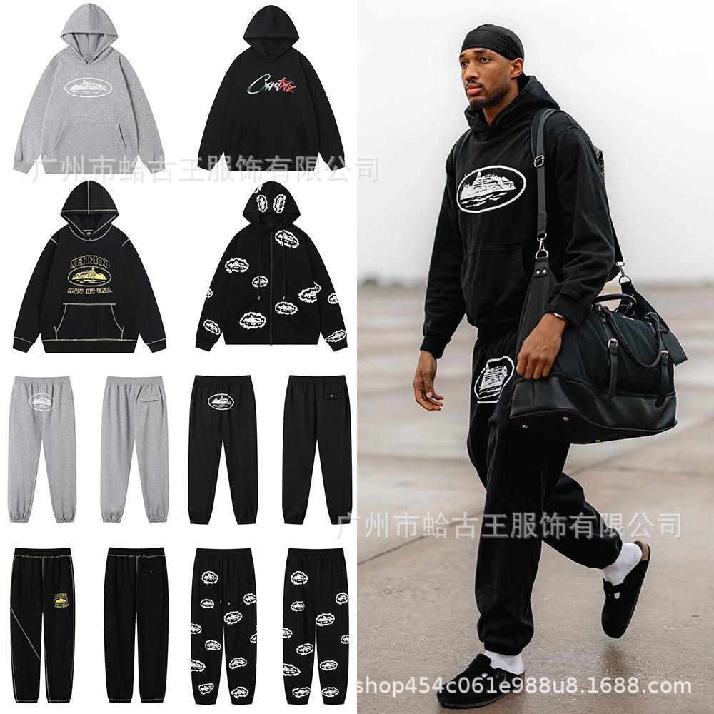 Cross-border CORT Demon Island Letter Print Unisex Plus Velvet Hooded Sweatshirt & Sweatpants Set