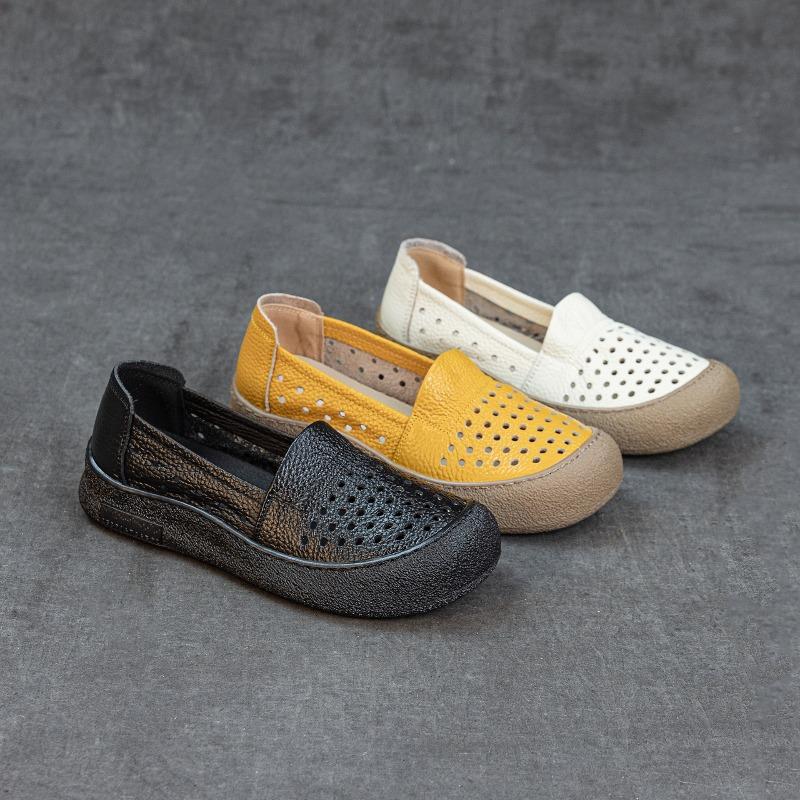 Summer new leather hollow women's single shoes soft sole non-slip one pedal casual hole women's sandals flat sole