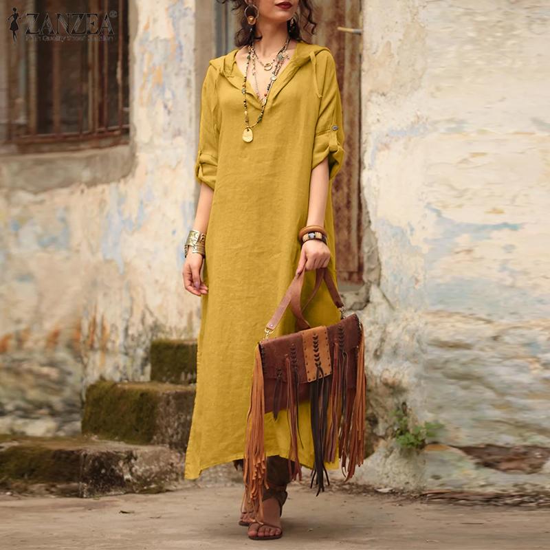 

ZANZEA Повседневные хлопковые толстовки с круглым вырезом и длинными рукавами, длинное платье, женская одежда