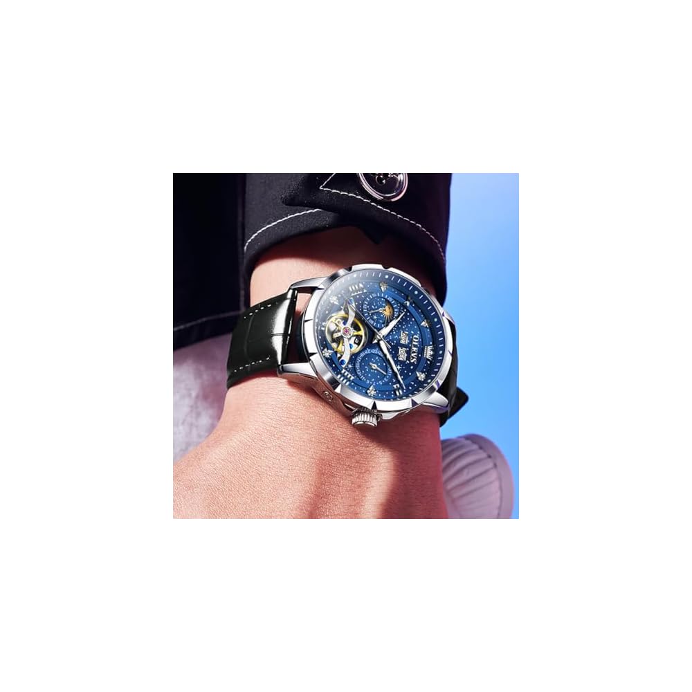 OLEVS Men's Automatic Mechanical Watch Blue Leather Strap Skeleton Dial Waterproof Date Luminous