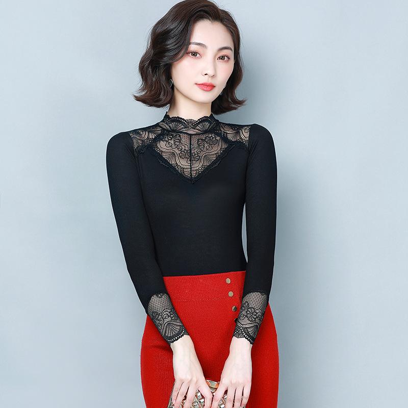 Women's Turtleneck Lace Bottoming Shirt Autumn and Winter Fashion Plus Size Black Inner Plus Velvet Top