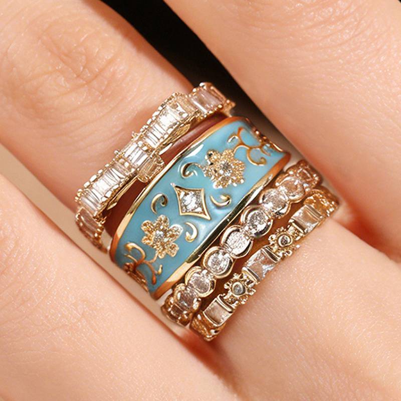 

Huitan Blue Enamel Women Ring Aesthetic 4Pcs/Set Inlaid Bright CZ Bohemia Style Accessories for Lady Party Charming Zircon 6