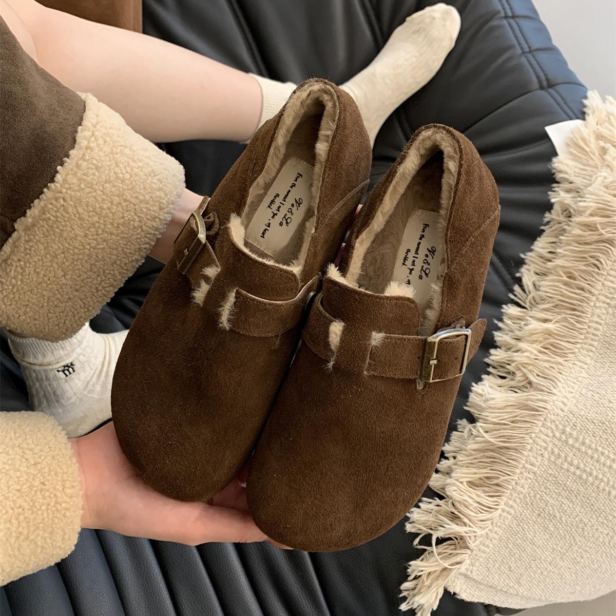 

Мягкая подошва мягкая поверхность туфли Boken женские бархатные теплые хлопковые туфли 2024 зимние новые ретро уродливые одиночные туфли одна педаль 40 темно-коричневого